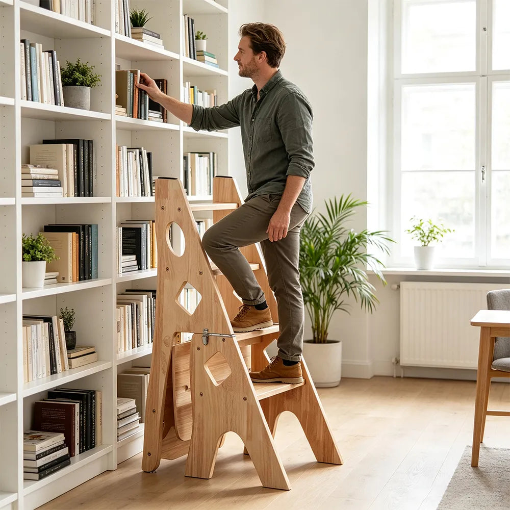 GROVIA Imported Solid Pine 4-Step Folding Ladder Chair - 3-in-1 Step Stool, Seat & Storage Rack - Wood