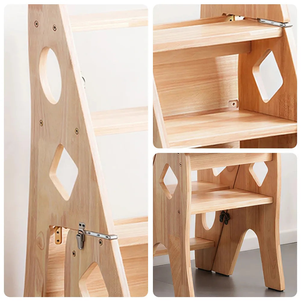 GROVIA Imported Solid Pine 4-Step Folding Ladder Chair - 3-in-1 Step Stool, Seat & Storage Rack - Wood