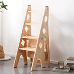 GROVIA Imported Solid Pine 4-Step Folding Ladder Chair - 3-in-1 Step Stool, Seat & Storage Rack - Wood