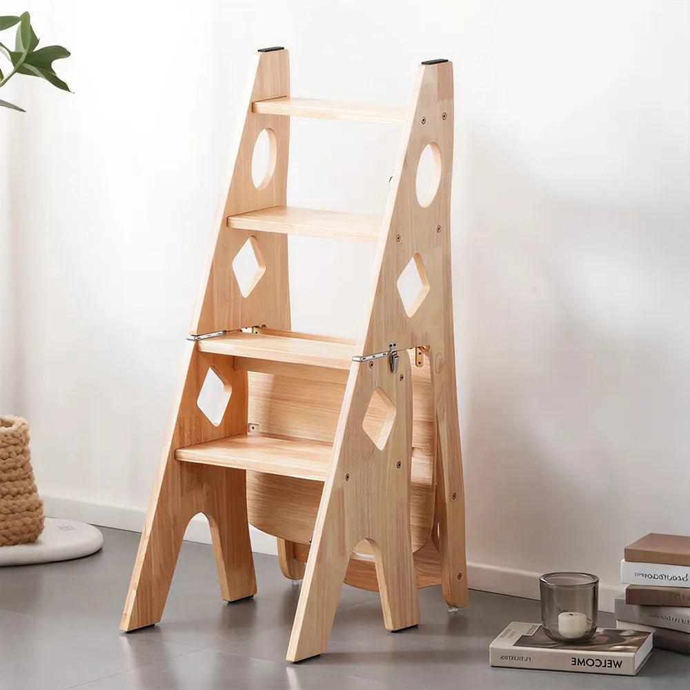 GROVIA Imported Solid Pine 4-Step Folding Ladder Chair - 3-in-1 Step Stool, Seat & Storage Rack - Wood