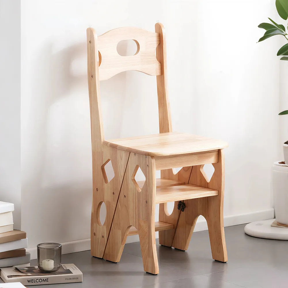 GROVIA Imported Solid Pine 4-Step Folding Ladder Chair - 3-in-1 Step Stool, Seat & Storage Rack - Wood