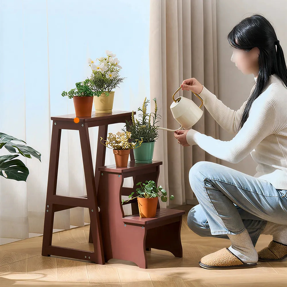 GROVIA Solid Wood 3-Step Folding Ladder Stool - Quick-Flip Step Ladder, Seat & Side Table - Coffee