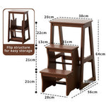 GROVIA Solid Wood 3-Step Folding Ladder Stool - Quick-Flip Step Ladder, Seat & Side Table - Coffee