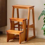 GROVIA Solid Wood 3-Step Folding Ladder Stool - Quick-Flip Step Ladder, Seat & Side Table - Brown