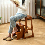 GROVIA Solid Wood 3-Step Folding Ladder Stool - Quick-Flip Step Ladder, Seat & Side Table - Brown