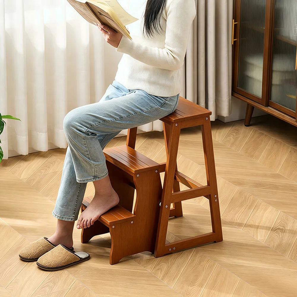 GROVIA Solid Wood 3-Step Folding Ladder Stool - Quick-Flip Step Ladder, Seat & Side Table - Brown