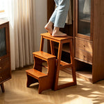 GROVIA Solid Wood 3-Step Folding Ladder Stool - Quick-Flip Step Ladder, Seat & Side Table - Brown