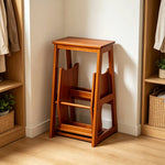 GROVIA Solid Wood 3-Step Folding Ladder Stool - Quick-Flip Step Ladder, Seat & Side Table - Brown