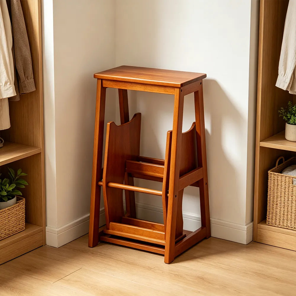 GROVIA Solid Wood 3-Step Folding Ladder Stool - Quick-Flip Step Ladder, Seat & Side Table - Brown
