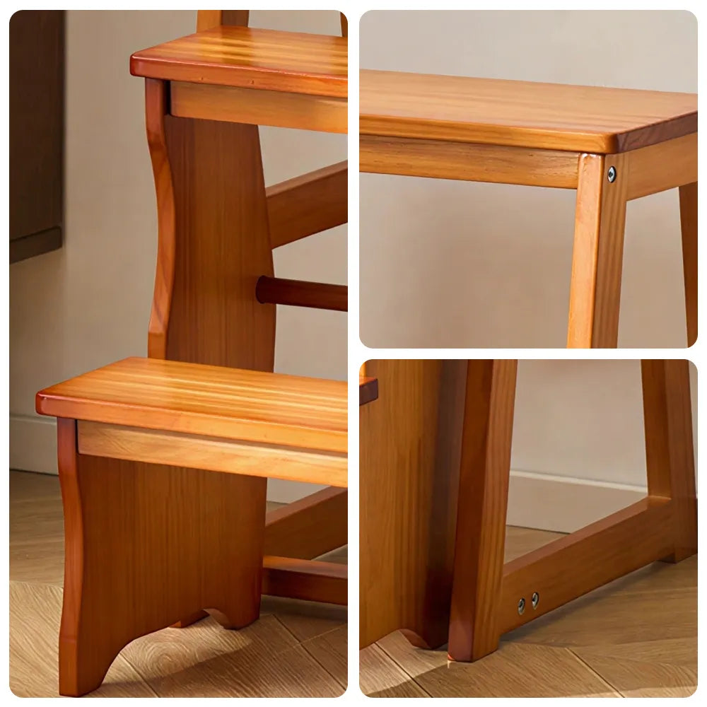 GROVIA Solid Wood 3-Step Folding Ladder Stool - Quick-Flip Step Ladder, Seat & Side Table - Brown