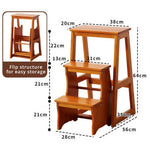 GROVIA Solid Wood 3-Step Folding Ladder Stool - Quick-Flip Step Ladder, Seat & Side Table - Brown
