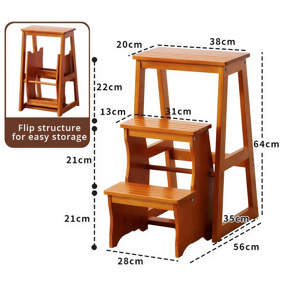 GROVIA Solid Wood 3-Step Folding Ladder Stool - Quick-Flip Step Ladder, Seat & Side Table - Brown