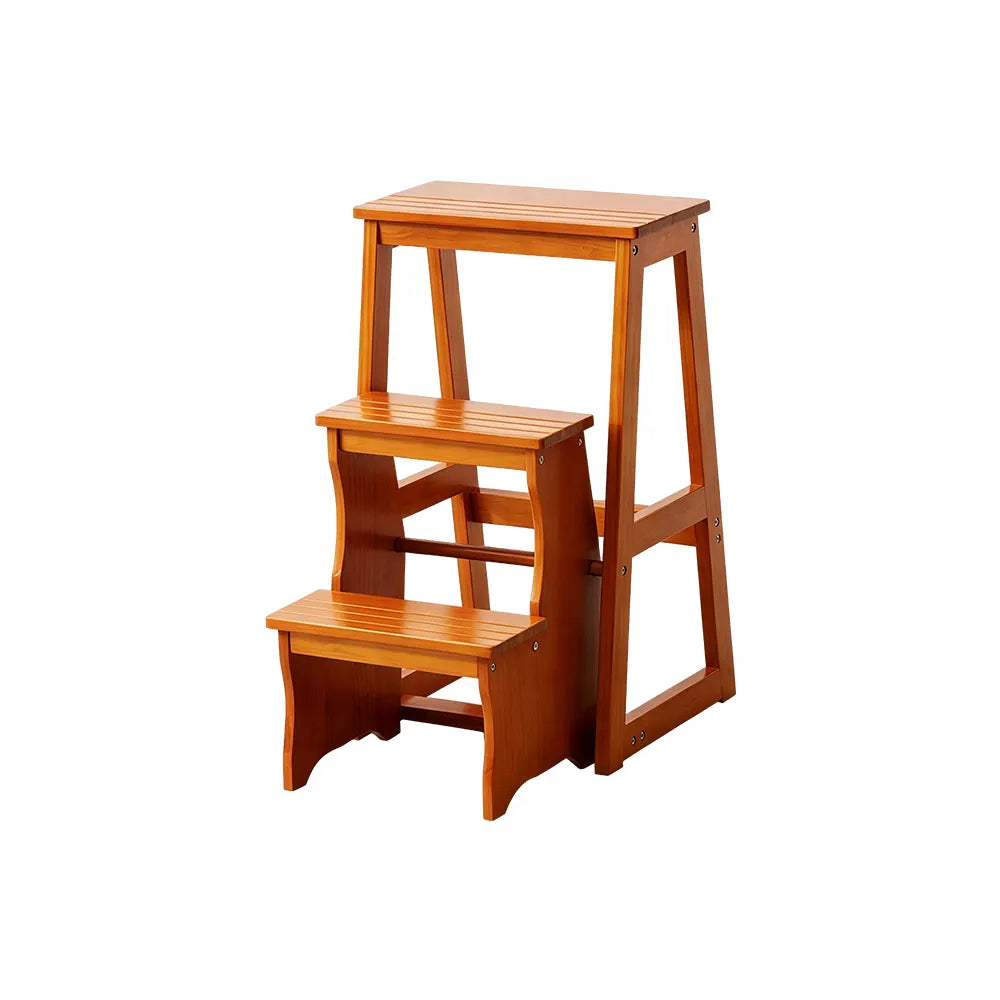 GROVIA Solid Wood 3-Step Folding Ladder Stool - Quick-Flip Step Ladder, Seat & Side Table - Brown
