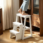 GROVIA Solid Wood 3-Step Folding Ladder Stool - Quick-Flip Step Ladder, Seat & Side Table - White