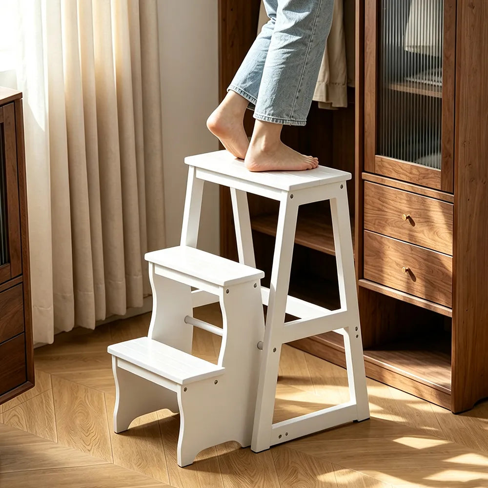 GROVIA Solid Wood 3-Step Folding Ladder Stool - Quick-Flip Step Ladder, Seat & Side Table - White