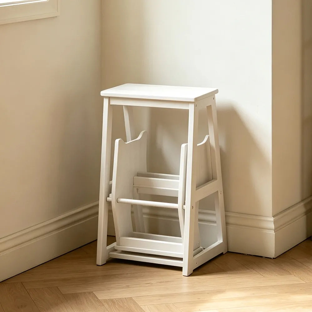 GROVIA Solid Wood 3-Step Folding Ladder Stool - Quick-Flip Step Ladder, Seat & Side Table - White