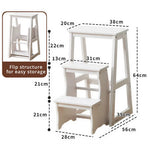 GROVIA Solid Wood 3-Step Folding Ladder Stool - Quick-Flip Step Ladder, Seat & Side Table - White