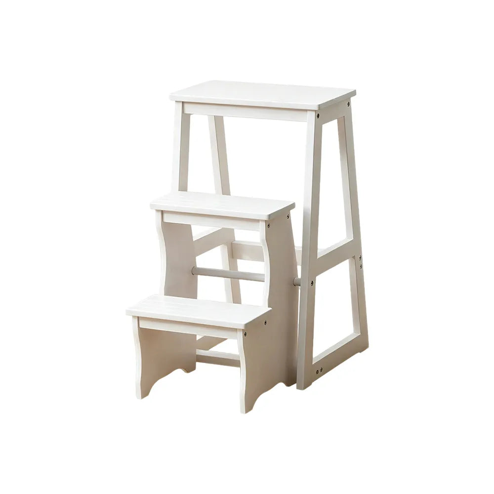GROVIA Solid Wood 3-Step Folding Ladder Stool - Quick-Flip Step Ladder, Seat & Side Table - White