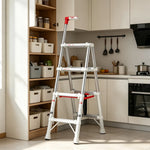 GROVIA Aluminium Alloy 4-Step Folding Ladder - Upgraded Safety Lock, 2.8m Reach for Home Use - Silver & White