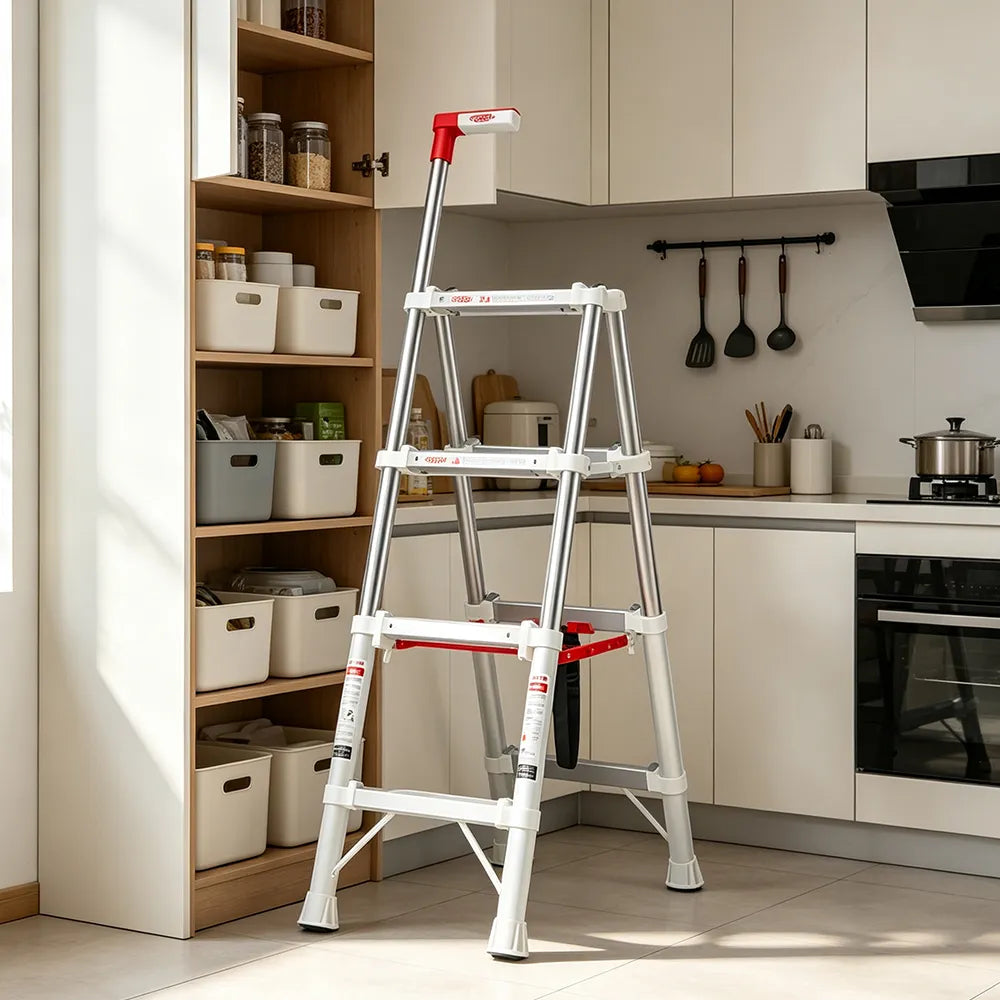 GROVIA Aluminium Alloy 4-Step Folding Ladder - Upgraded Safety Lock, 2.8m Reach for Home Use - Silver & White