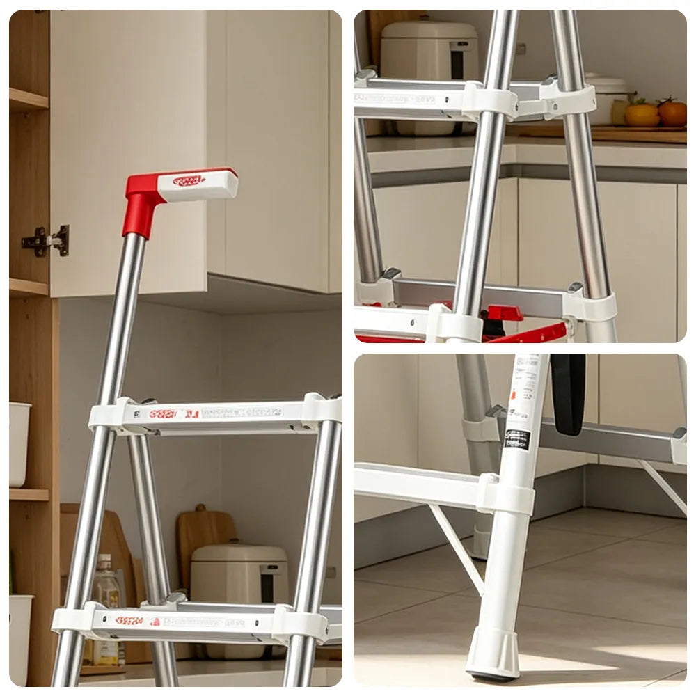 GROVIA Aluminium Alloy 4-Step Folding Ladder - Upgraded Safety Lock, 2.8m Reach for Home Use - Silver & White
