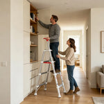 GROVIA Aluminium Alloy 4-Step Folding Ladder - Upgraded Safety Lock, 2.8m Reach for Home Use - Silver & White
