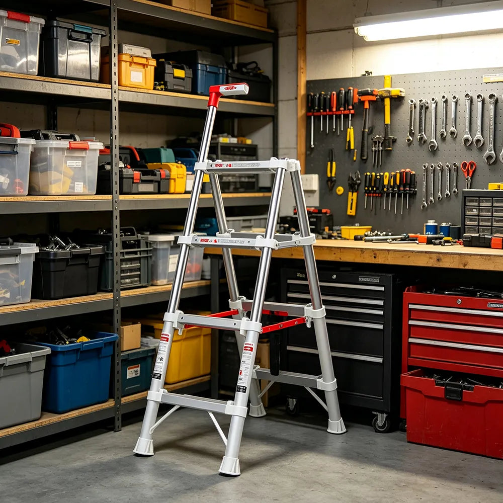 GROVIA Aluminium Alloy 4-Step Folding Ladder - Upgraded Safety Lock, 2.8m Reach for Home Use - Silver & White