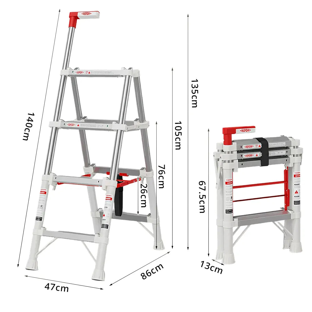 GROVIA Aluminium Alloy 4-Step Folding Ladder - Upgraded Safety Lock, 2.8m Reach for Home Use - Silver & White