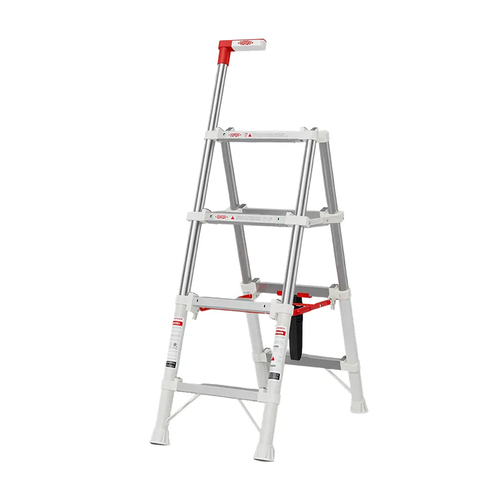 GROVIA Aluminium Alloy 4-Step Folding Ladder - Upgraded Safety Lock, 2.8m Reach for Home Use - Silver & White