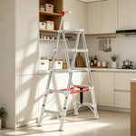 GROVIA 2nd Gen Aluminium Alloy 5-Step Folding Ladder - Patented Safety Lock, 3.1m Reach for Home Use - Silver & White
