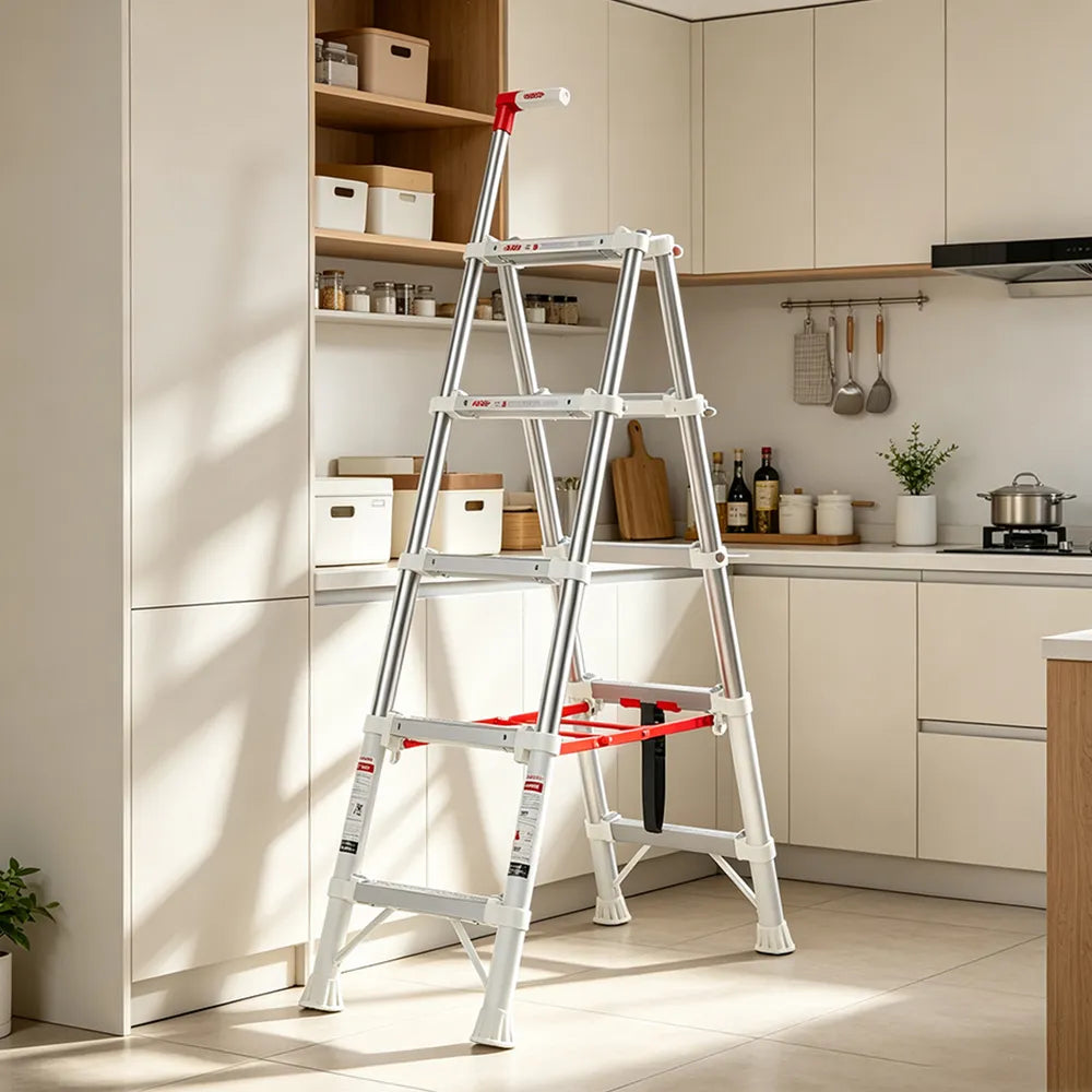 GROVIA 2nd Gen Aluminium Alloy 5-Step Folding Ladder - Patented Safety Lock, 3.1m Reach for Home Use - Silver & White
