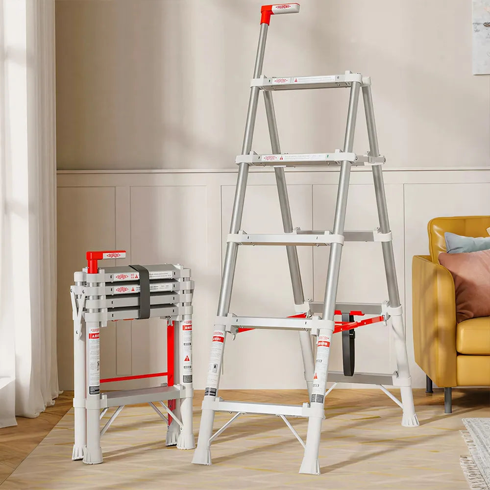 GROVIA 2nd Gen Aluminium Alloy 5-Step Folding Ladder - Patented Safety Lock, 3.1m Reach for Home Use - Silver & White