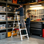 GROVIA 2nd Gen Aluminium Alloy 5-Step Folding Ladder - Patented Safety Lock, 3.1m Reach for Home Use - Silver & White