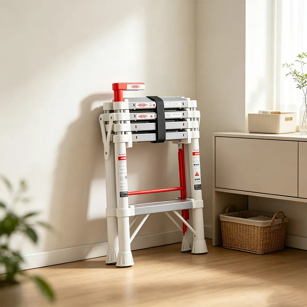 GROVIA 2nd Gen Aluminium Alloy 5-Step Folding Ladder - Patented Safety Lock, 3.1m Reach for Home Use - Silver & White
