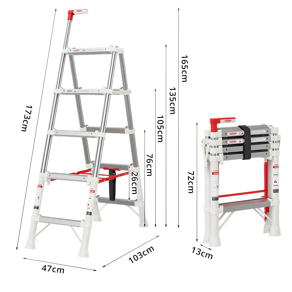 GROVIA 2nd Gen Aluminium Alloy 5-Step Folding Ladder - Patented Safety Lock, 3.1m Reach for Home Use - Silver & White