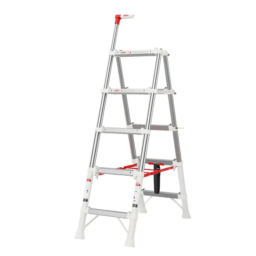 GROVIA 2nd Gen Aluminium Alloy 5-Step Folding Ladder - Patented Safety Lock, 3.1m Reach for Home Use - Silver & White