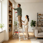 GROVIA 2nd Gen Aluminium Alloy 6-Step Folding Ladder - Patented Safety Lock, 3.4m Reach for Home Use - Silver & White