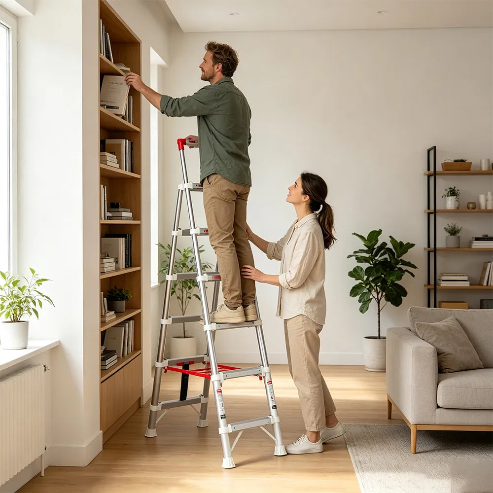 GROVIA 2nd Gen Aluminium Alloy 6-Step Folding Ladder - Patented Safety Lock, 3.4m Reach for Home Use - Silver & White