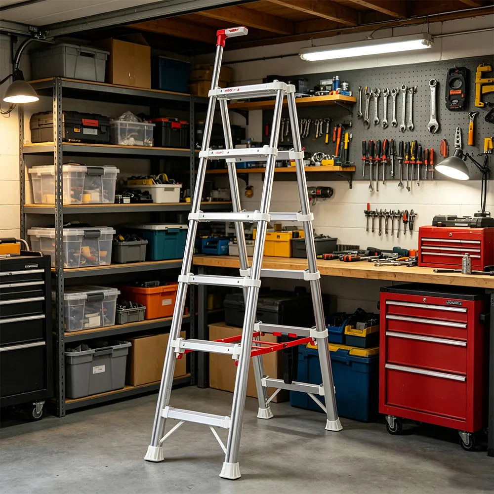 GROVIA 2nd Gen Aluminium Alloy 6-Step Folding Ladder - Patented Safety Lock, 3.4m Reach for Home Use - Silver & White
