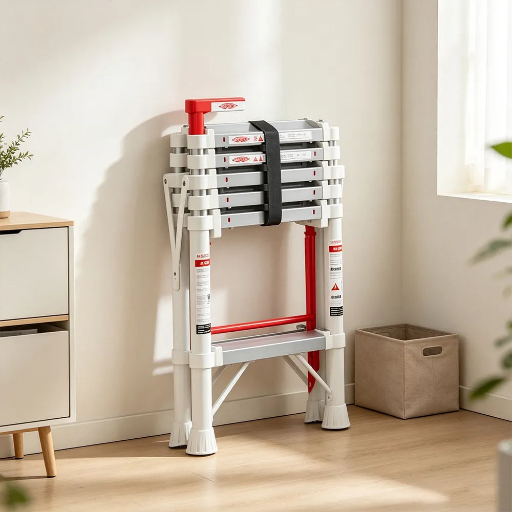 GROVIA 2nd Gen Aluminium Alloy 6-Step Folding Ladder - Patented Safety Lock, 3.4m Reach for Home Use - Silver & White