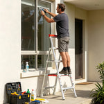 GROVIA 2nd Gen Pro Aluminium Alloy 4-Step Folding Ladder - Tool Tray & Patented Safety Lock, 2.8m Reach - Silver & White