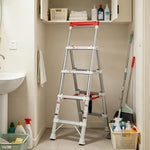 GROVIA 2nd Gen Pro Aluminium Alloy 4-Step Folding Ladder - Tool Tray & Patented Safety Lock, 2.8m Reach - Silver & White