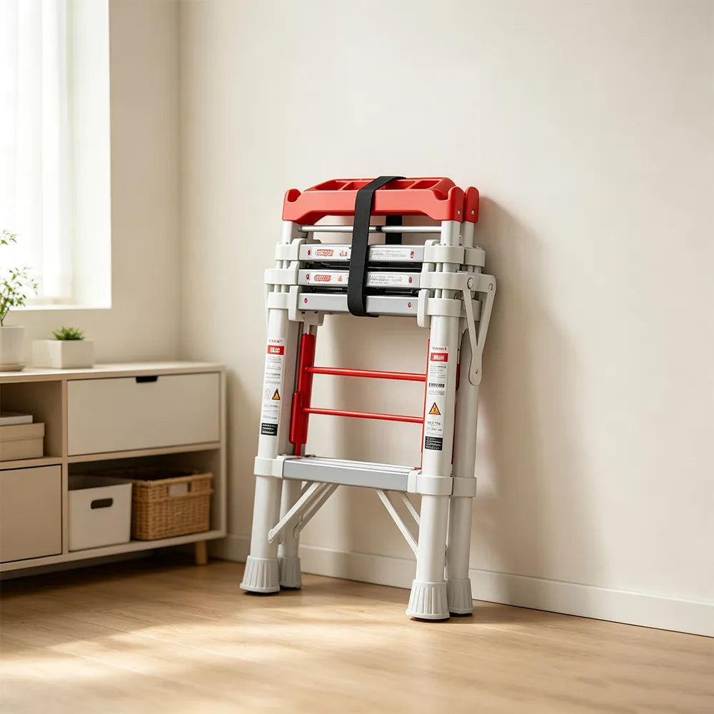 GROVIA 2nd Gen Pro Aluminium Alloy 4-Step Folding Ladder - Tool Tray & Patented Safety Lock, 2.8m Reach - Silver & White