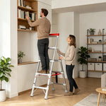GROVIA 2nd Gen Pro Aluminium Alloy 4-Step Folding Ladder - Tool Tray & Patented Safety Lock, 2.8m Reach - Silver & White