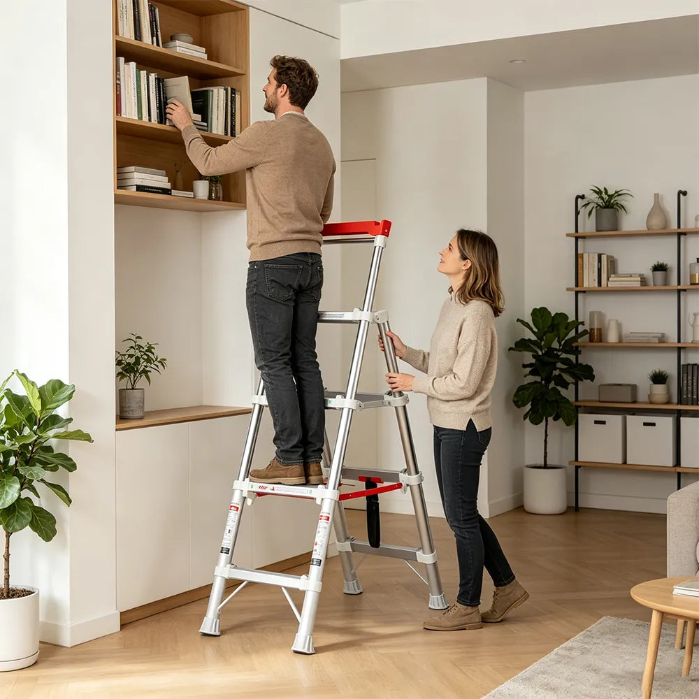 GROVIA 2nd Gen Pro Aluminium Alloy 4-Step Folding Ladder - Tool Tray & Patented Safety Lock, 2.8m Reach - Silver & White