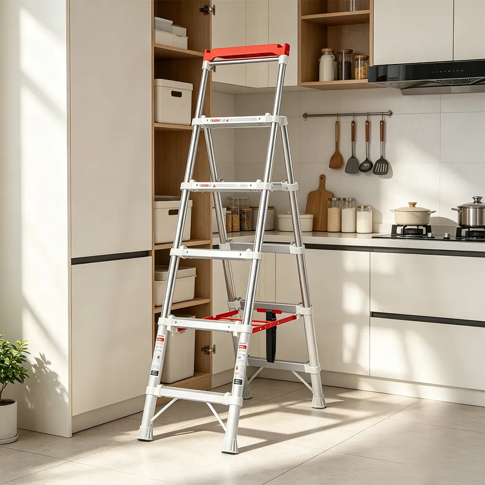 GROVIA 2nd Gen Pro Aluminium Alloy 5-Step Folding Ladder - Tool Tray & Patented Safety Lock, 3.1m Reach - Silver & White