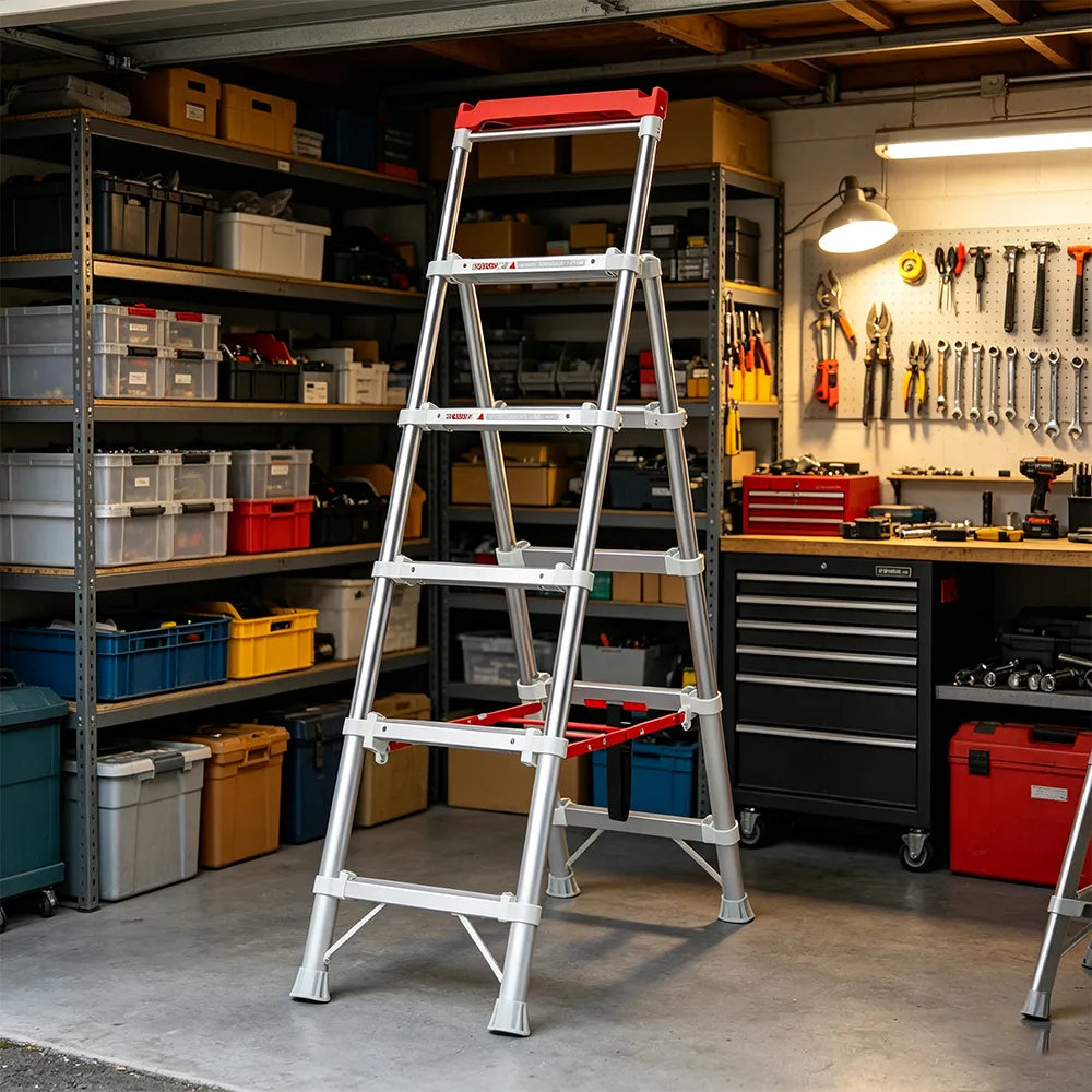 GROVIA 2nd Gen Pro Aluminium Alloy 5-Step Folding Ladder - Tool Tray & Patented Safety Lock, 3.1m Reach - Silver & White