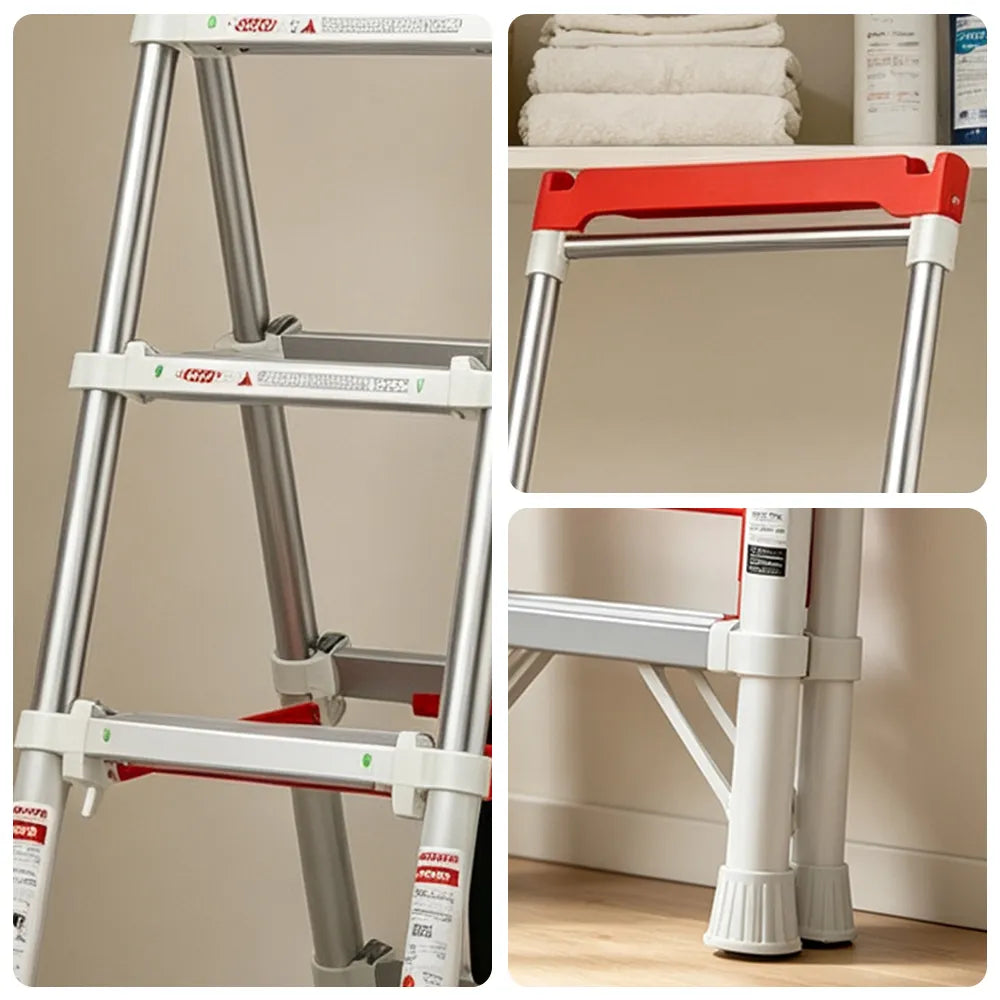 GROVIA 2nd Gen Pro Aluminium Alloy 5-Step Folding Ladder - Tool Tray & Patented Safety Lock, 3.1m Reach - Silver & White