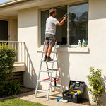 GROVIA 2nd Gen Pro Aluminium Alloy 5-Step Folding Ladder - Tool Tray & Patented Safety Lock, 3.1m Reach - Silver & White