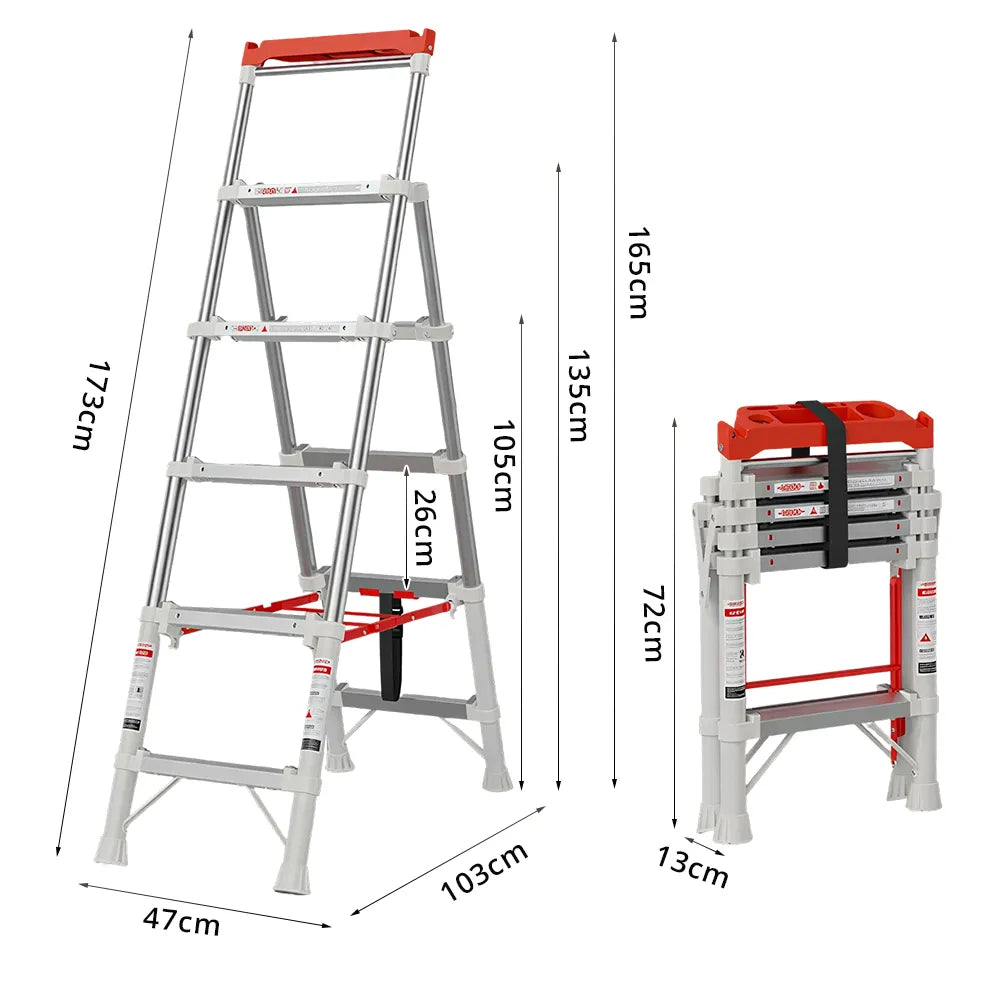 GROVIA 2nd Gen Pro Aluminium Alloy 5-Step Folding Ladder - Tool Tray & Patented Safety Lock, 3.1m Reach - Silver & White